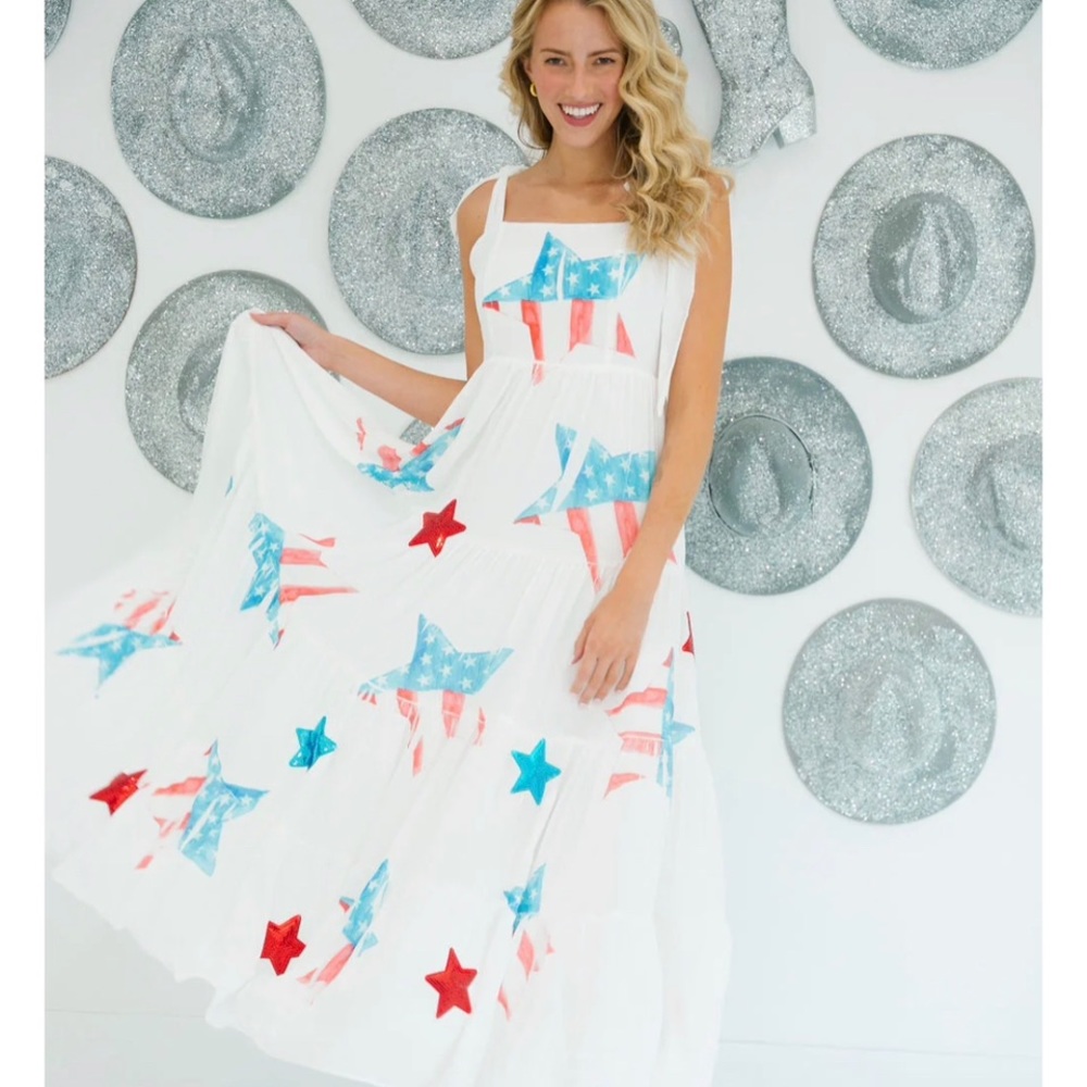 Judith March sequin White Maxi Dress with Red and Blue Stars
